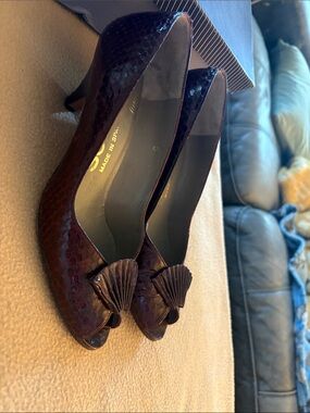 Selby Burgundy Snakeskin Peep-Toe Pumps with Shell Bow